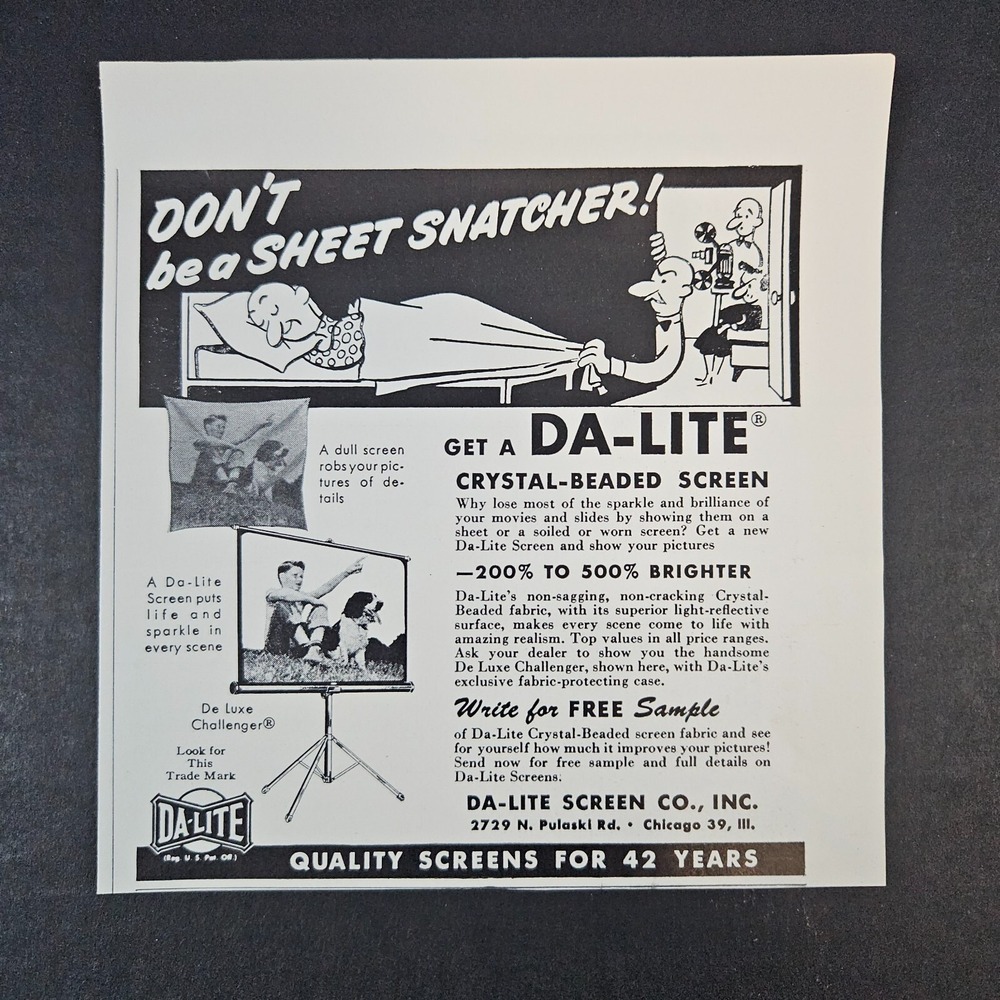 1951 Da-Lite Crystal Beaded Video/Slide Screen Vintage Print‎ Ad Sheet Snatcher
